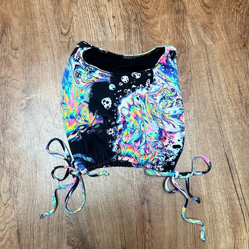 iHeartRaves Black Multicolor Psychedelic Skull Crop Top